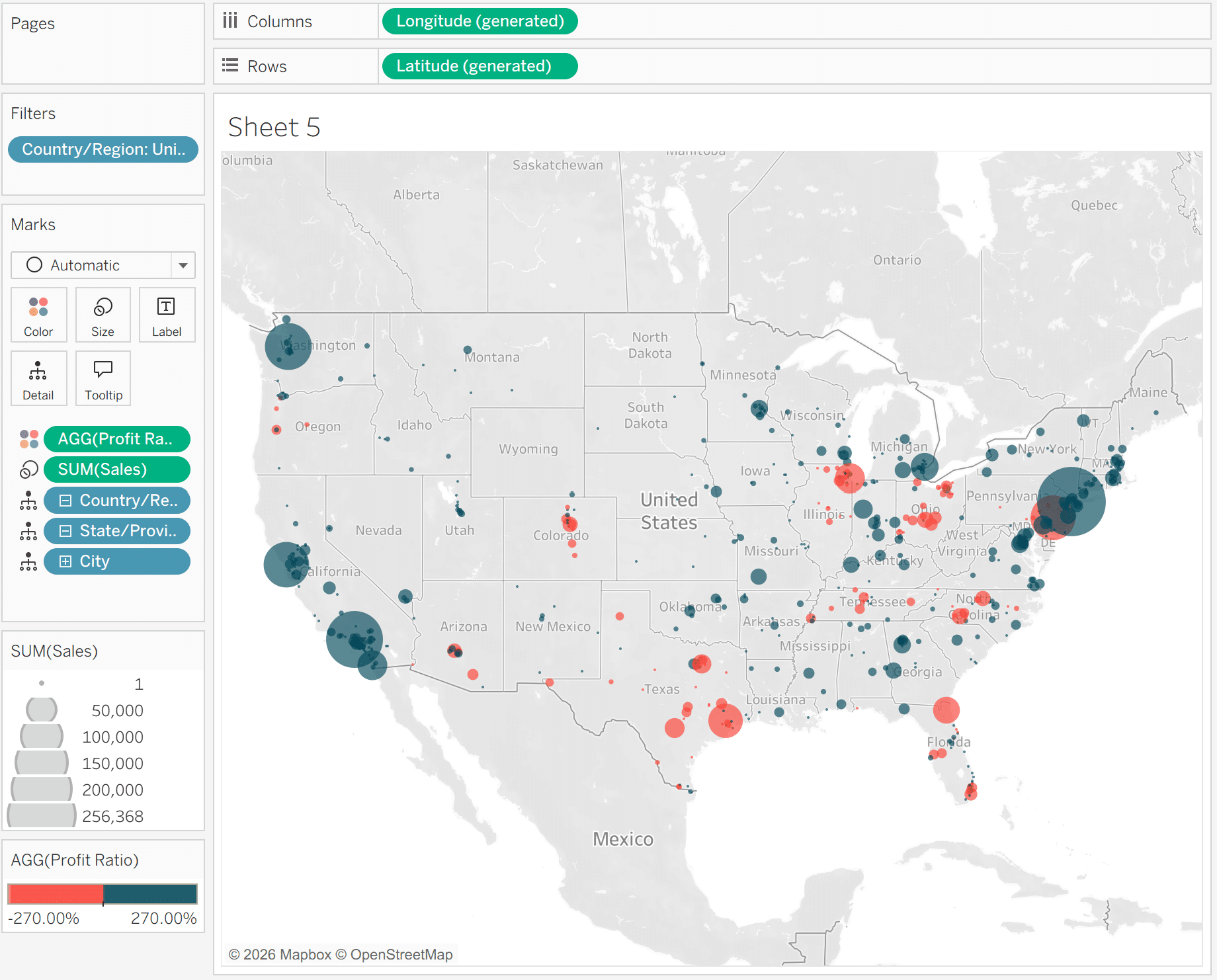 Sales and Profit Ratio by State Tableau Map_update