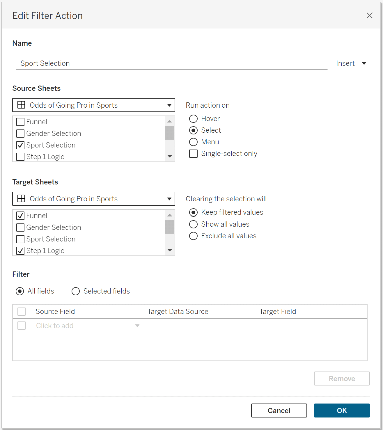 Sport selection filter action new UI