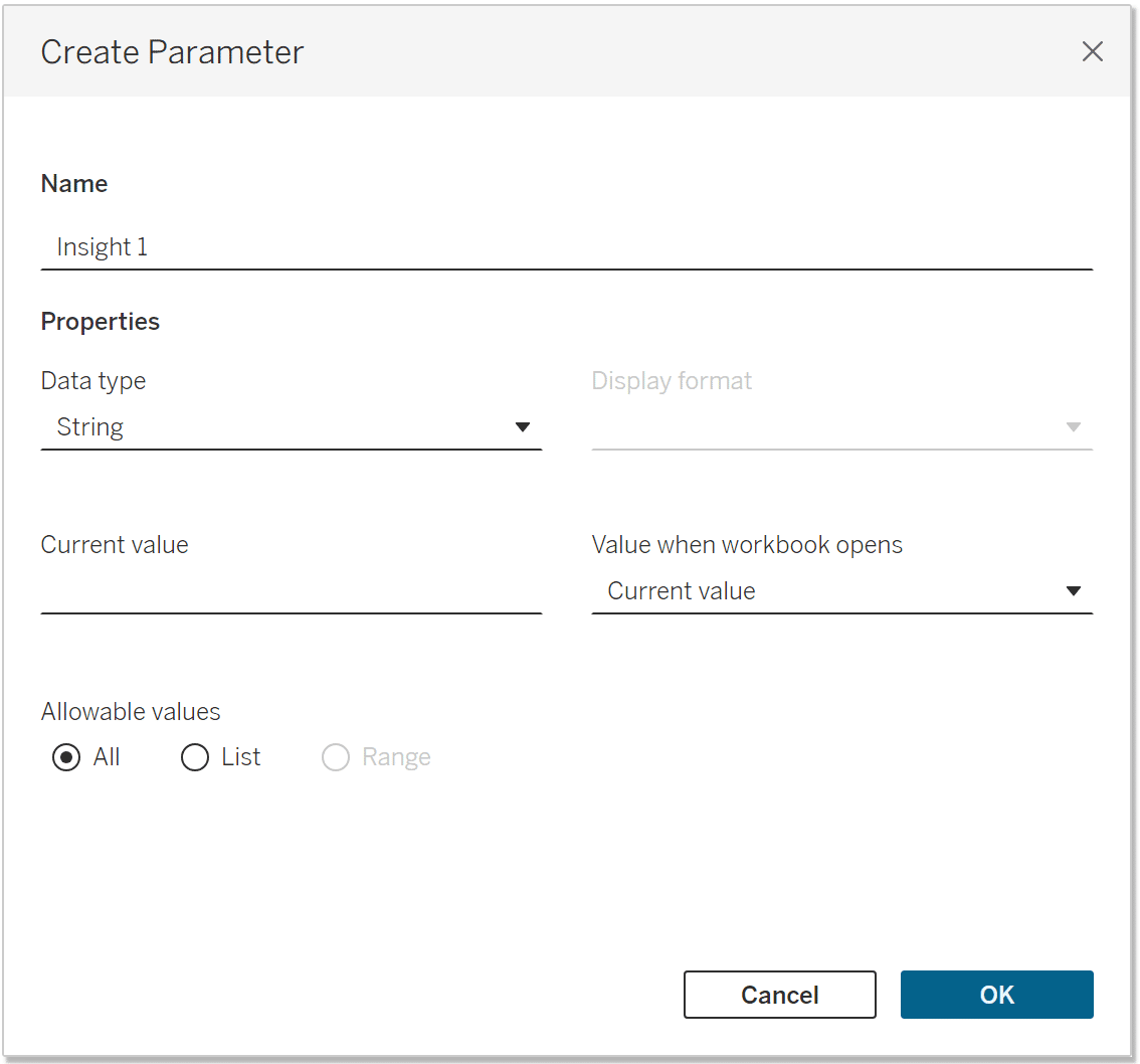String parameter for adding custom insights to a tableau dashboard