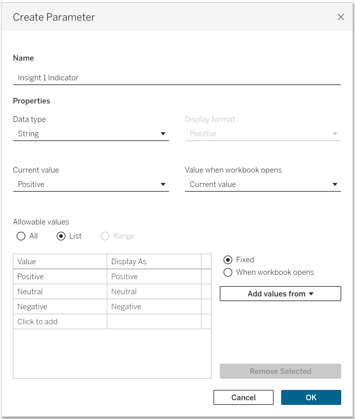 String parameter indicator for adding custom inisghts to a Tableau dashboard