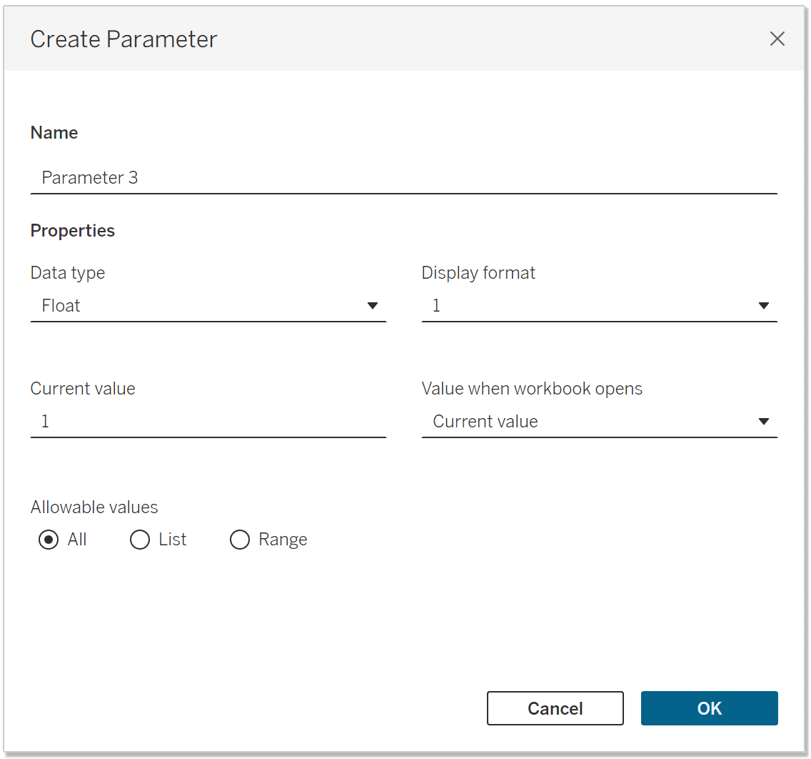 Tableau Create a New Parameter Dialog Box