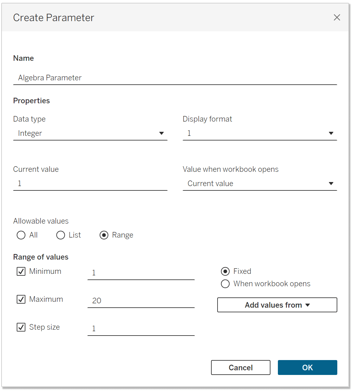Tableau Integer Parameter with Range of Allowable Values