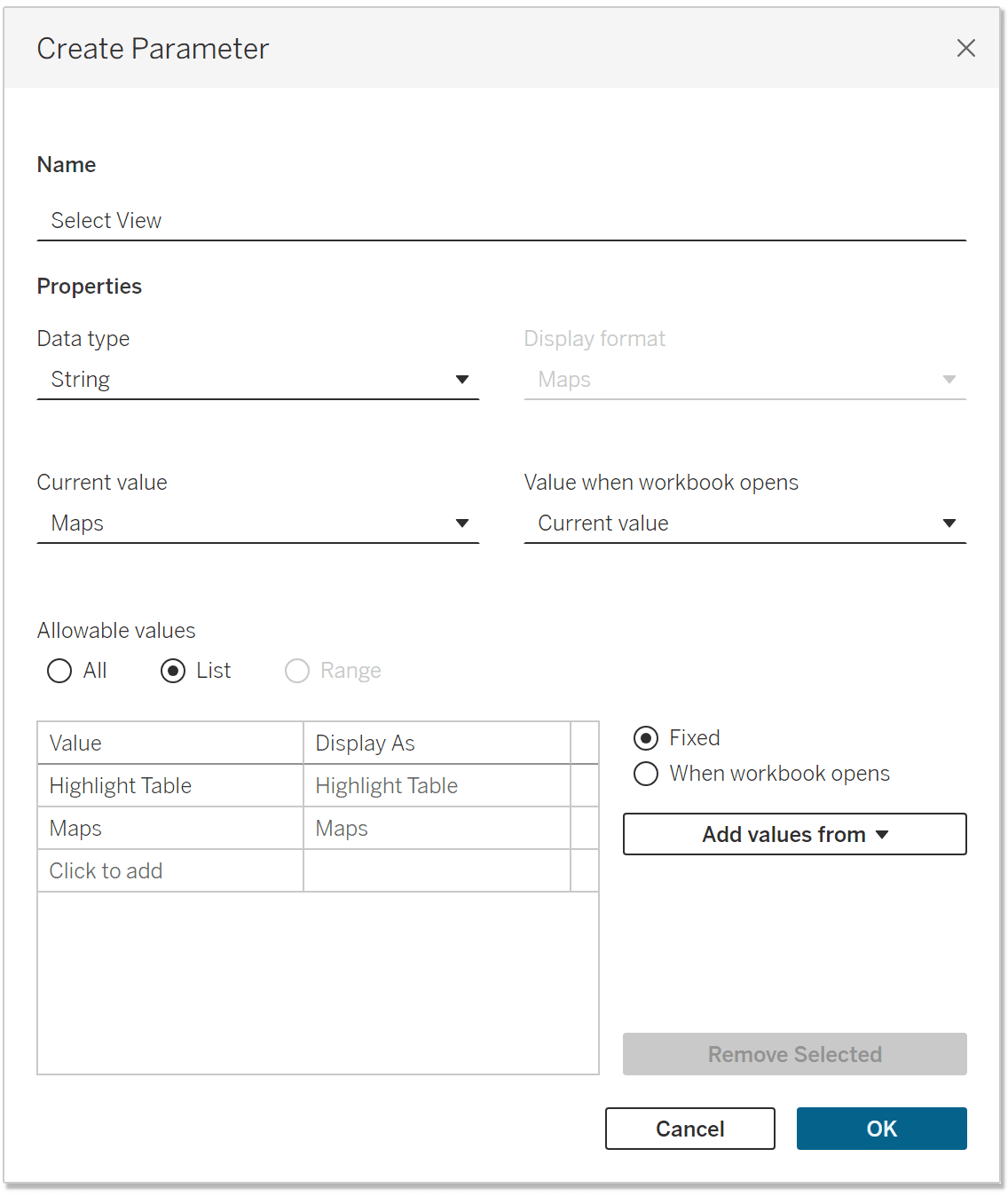 Tableau Parameter Map current selection
