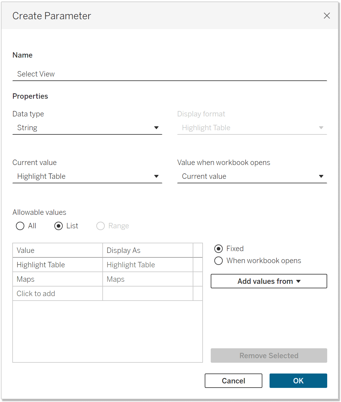 Tableau Parameter Table current selection