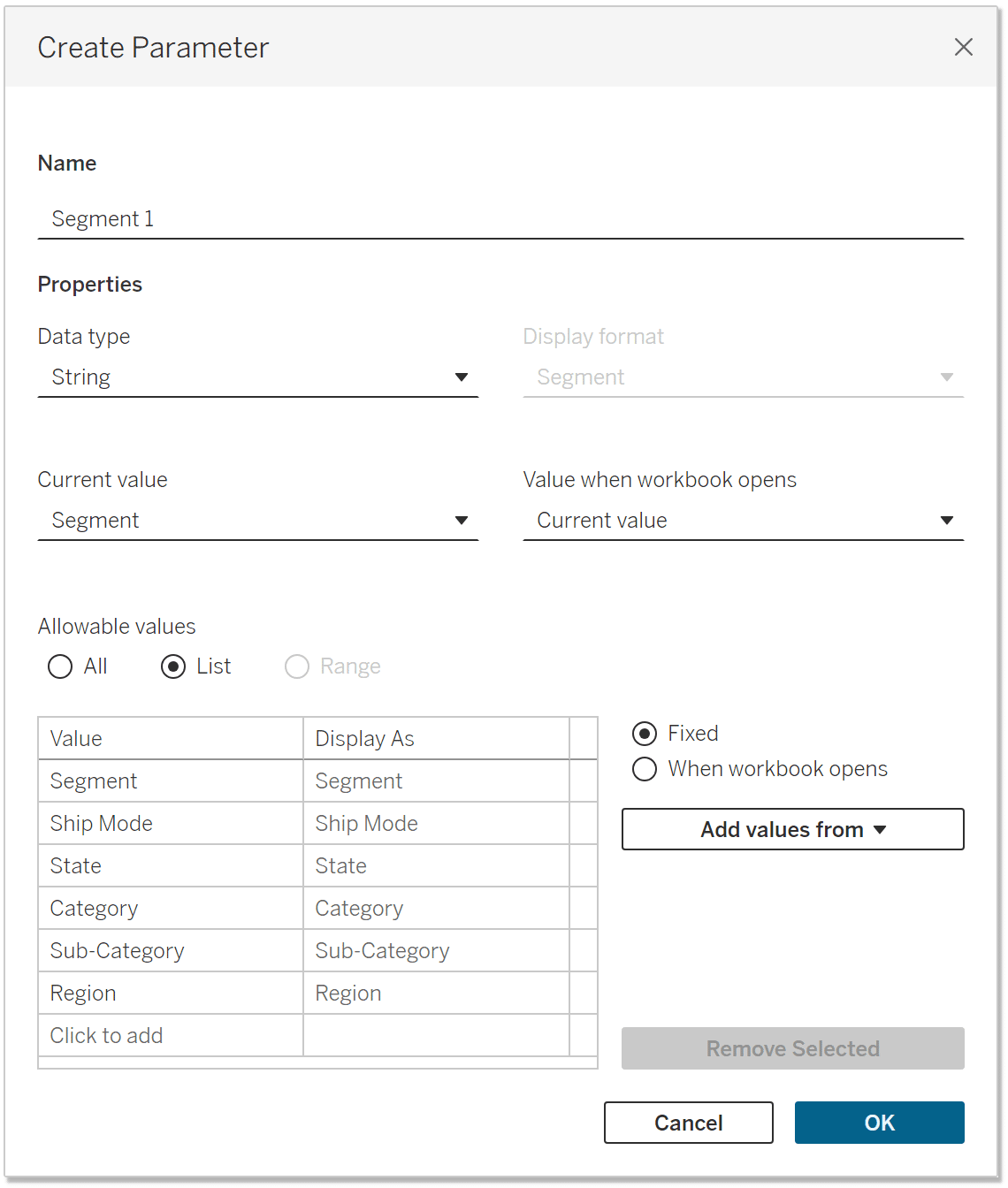 Tableau String Parameter with Dimension Segments