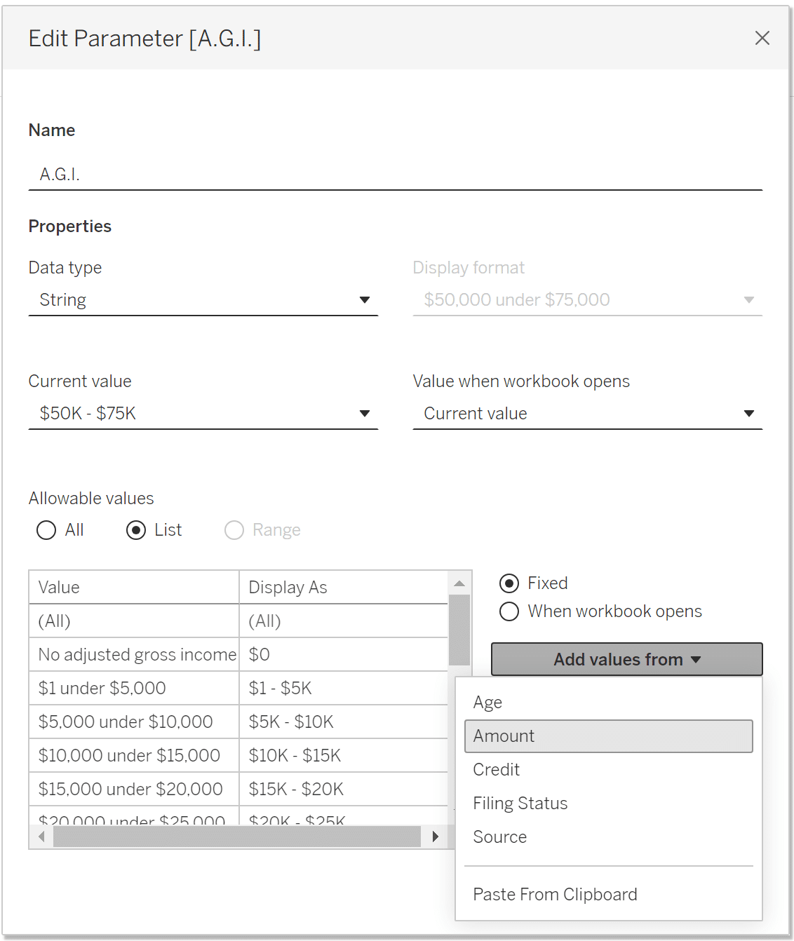 Income String Parameter in Tableau