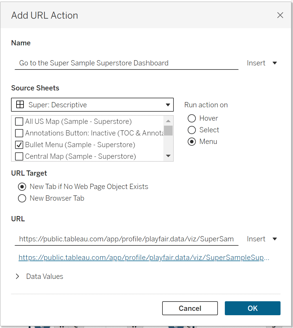 Tableau Bullet Menu Dashboard Action