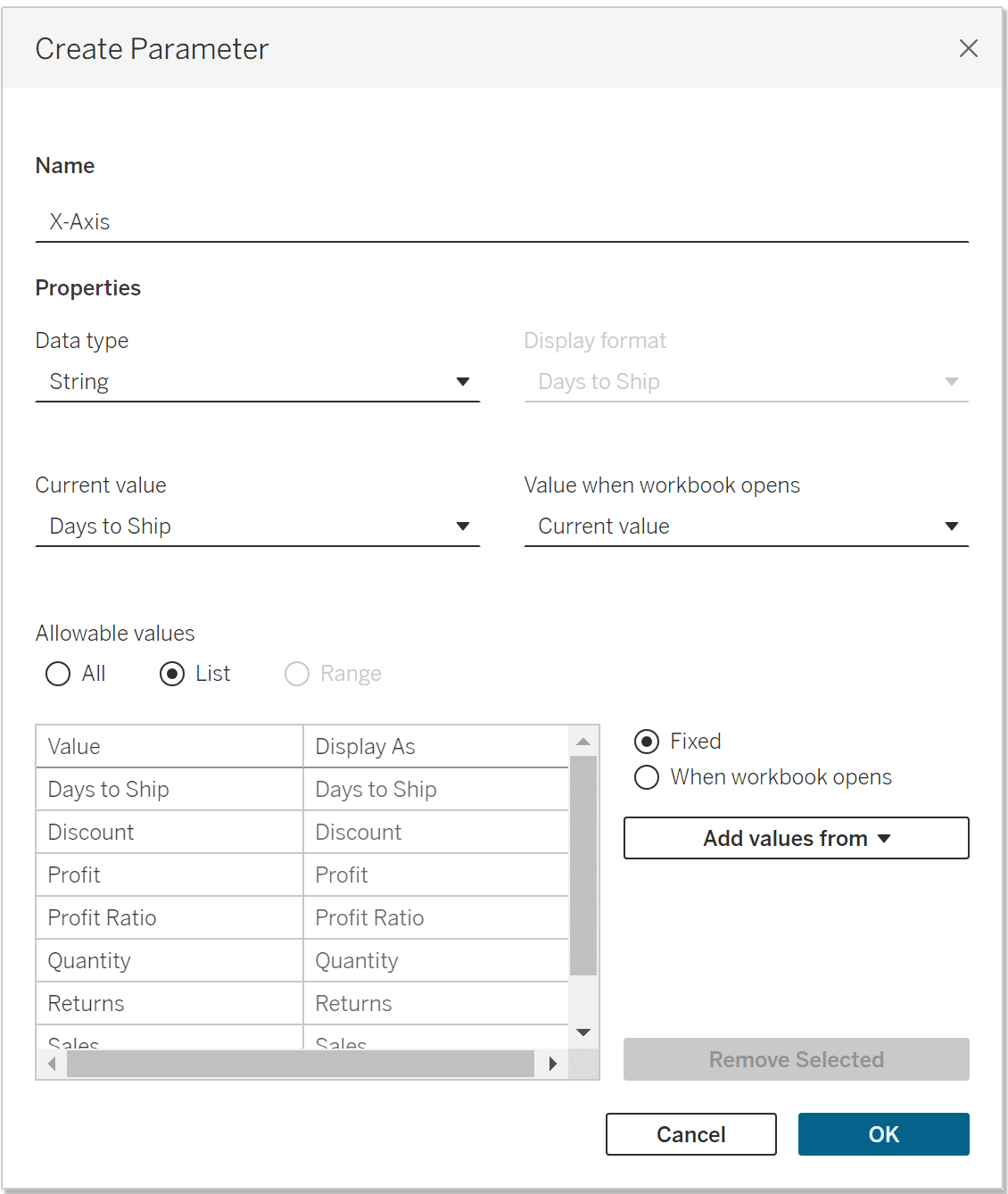 X-Axis String Parameter in Tableau _new UI