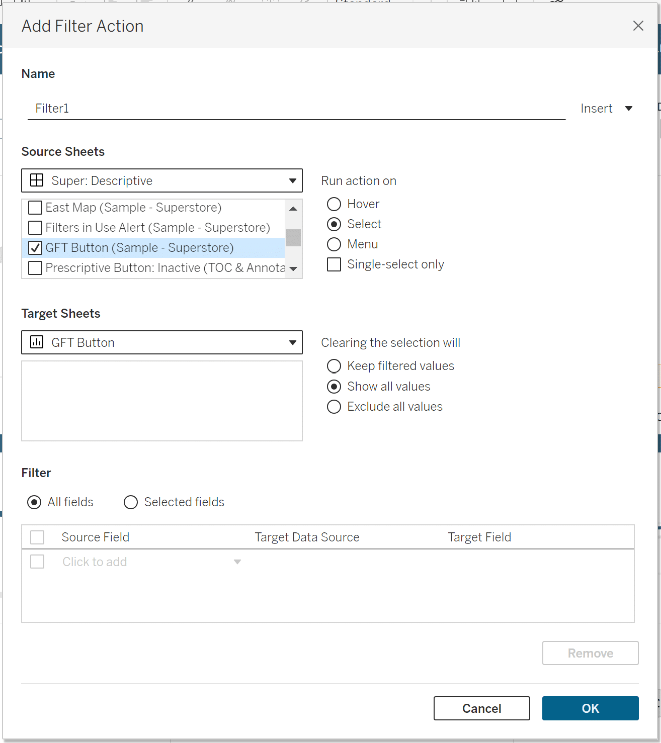 Adding a Filter Dashboard Action for a Global Filters Tab Button