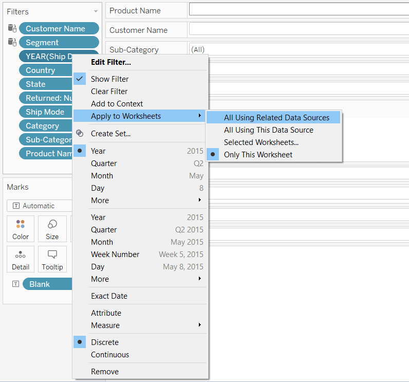 Right-click each filter on the Filters Shelf, hover over “Apply to Worksheets”, and choose “All Using Related Data Sources”