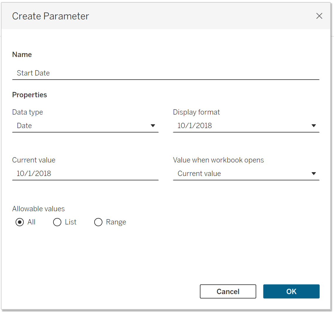 Creating a Start Date Parameter in Tableau Desktop