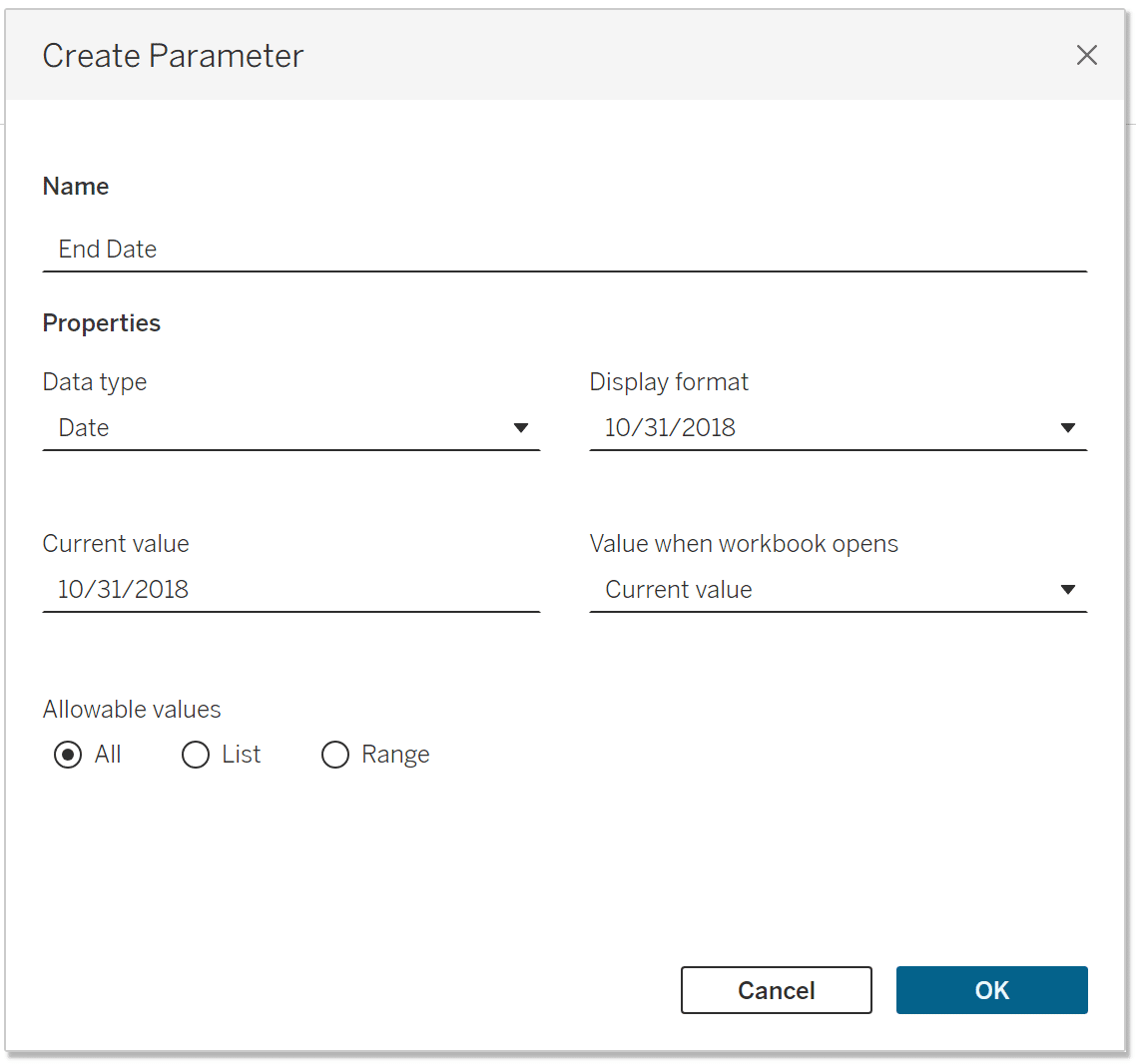 Creating an End Date Parameter in Tableau Desktop