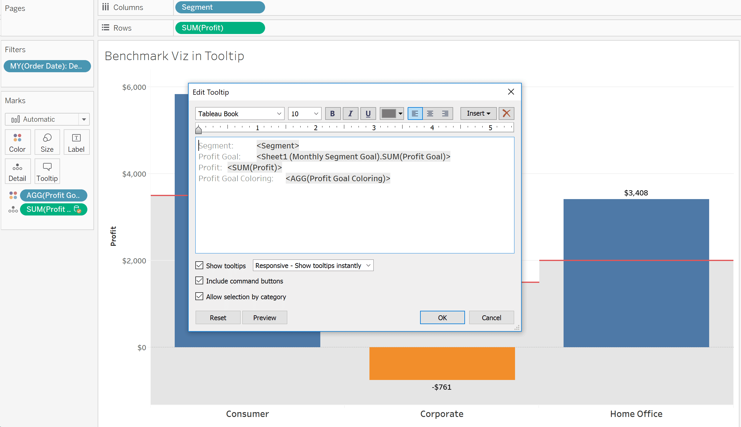 Open the Tooltip mark to benchmark in Tableau