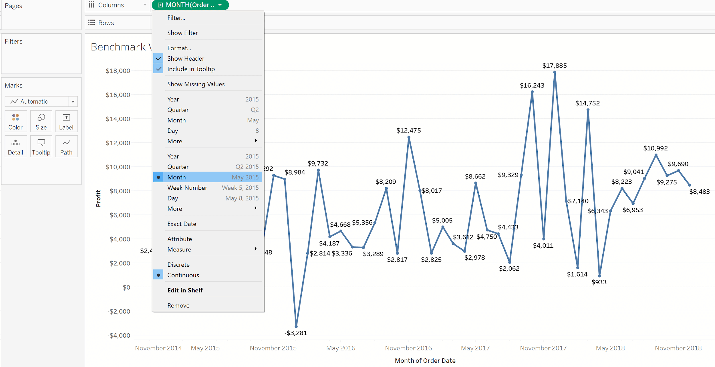 Replace Segment on the Columns Shelf with the Order Date dimension and let’s make it continuous by month