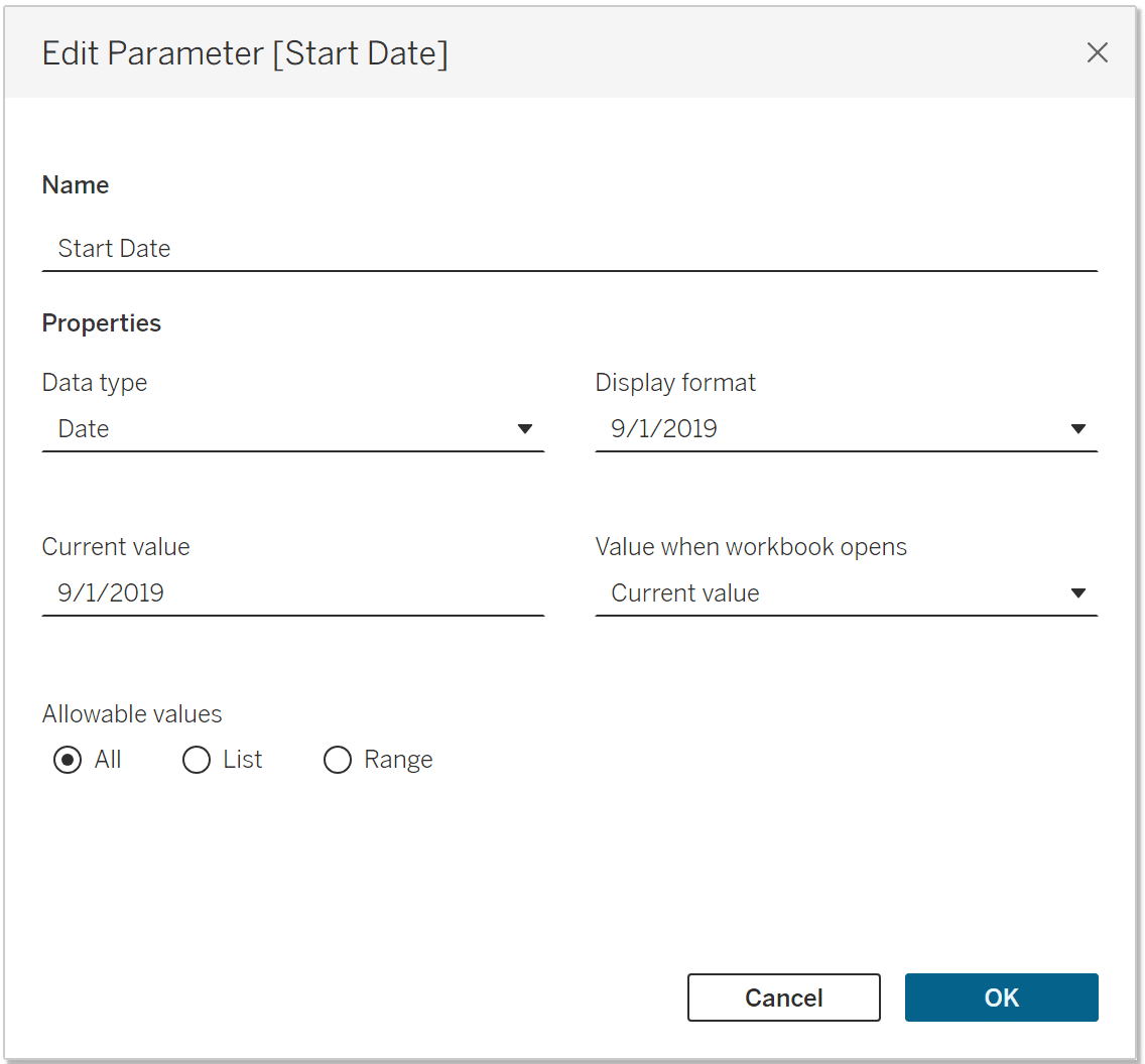 Start Date Parameter in Tableau