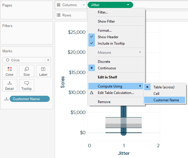 Click on the calculated field, hover over “Compute Using” and choose the most granular level of detail Customer Name