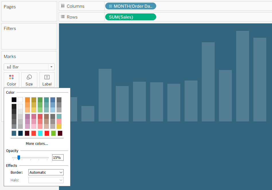 Make the bars 15% opaque by clicking on the Color Marks Card and dragging the opacity slider to the left