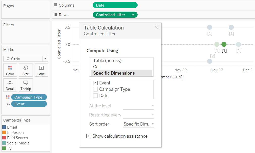 Adjusting table calculation settings for jittered timeline in tableau