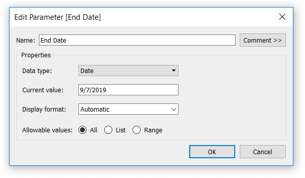 End date parameter for date granularity in Tableau