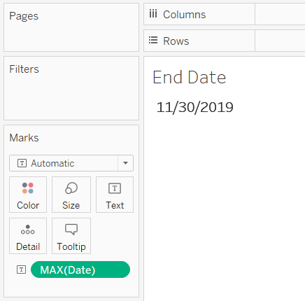 Start a new sheet and placing the date field on the Text Marks Card with an aggregation of Maximum