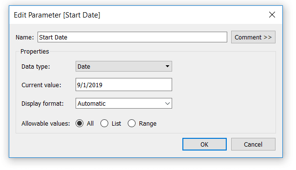 Start date parameter for date granularity in Tableau