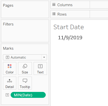 Place the date field used to create your timeline on the Text Marks Card with an aggregation of Minimum