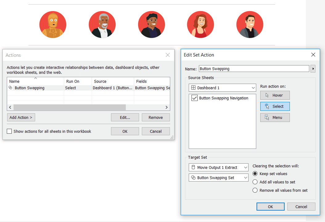 Add dashboard actions to bring button swapping to life in Tableau