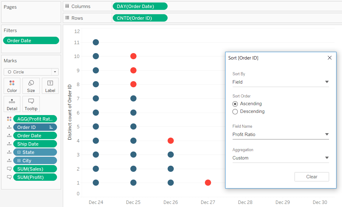 Right-click on the dimension on the Detail Marks Card and choose Sort