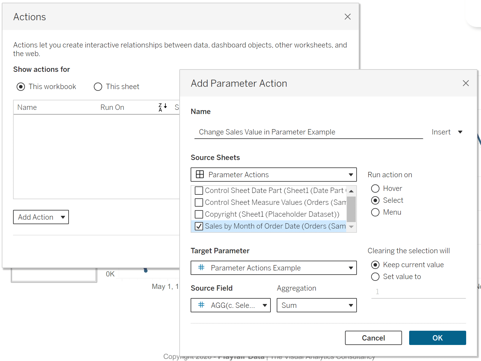 Setting up a new parameter action in Tableau