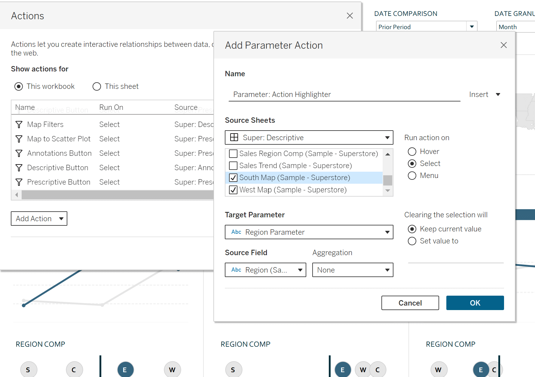 Parameter action for Sample Superstore