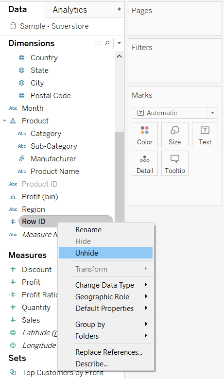 Right-click Row ID and choose Unhide
