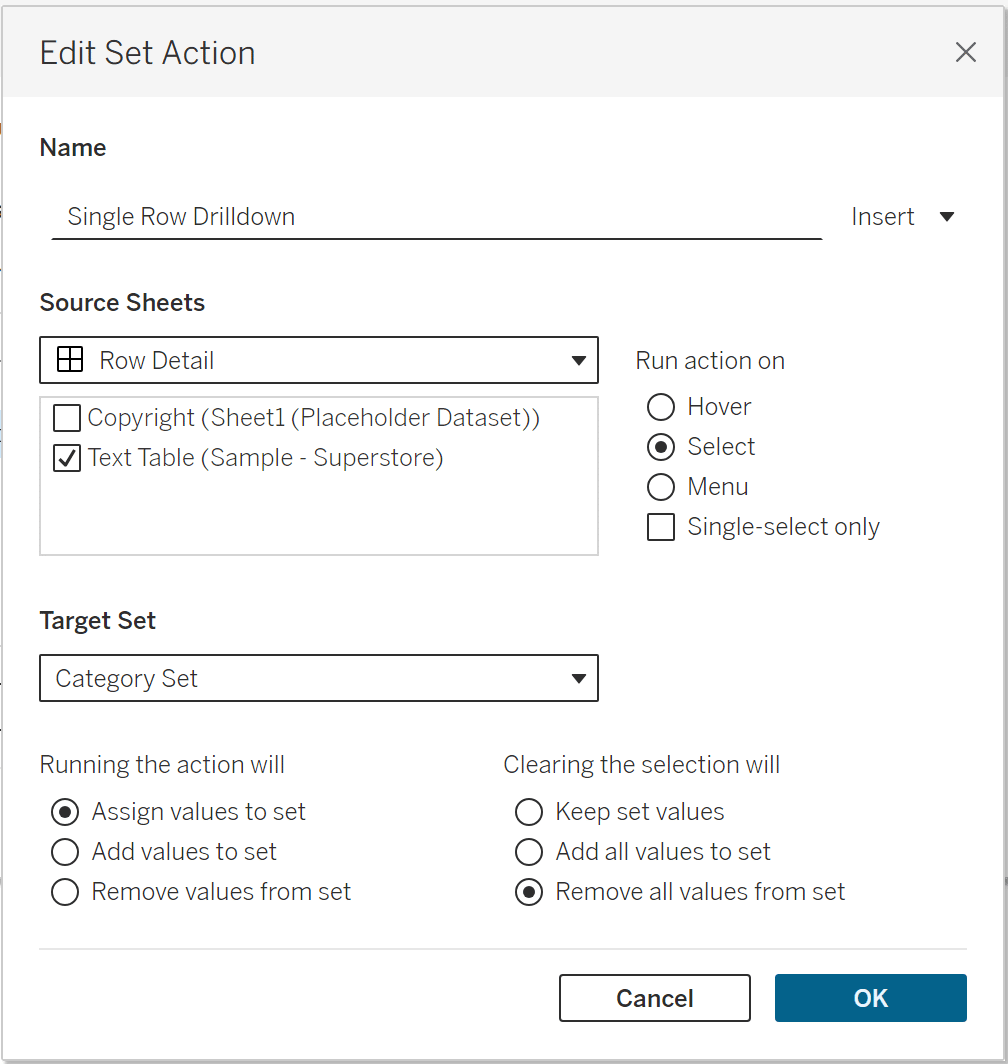 Single Row Drilldown Dashboard Action Settings image