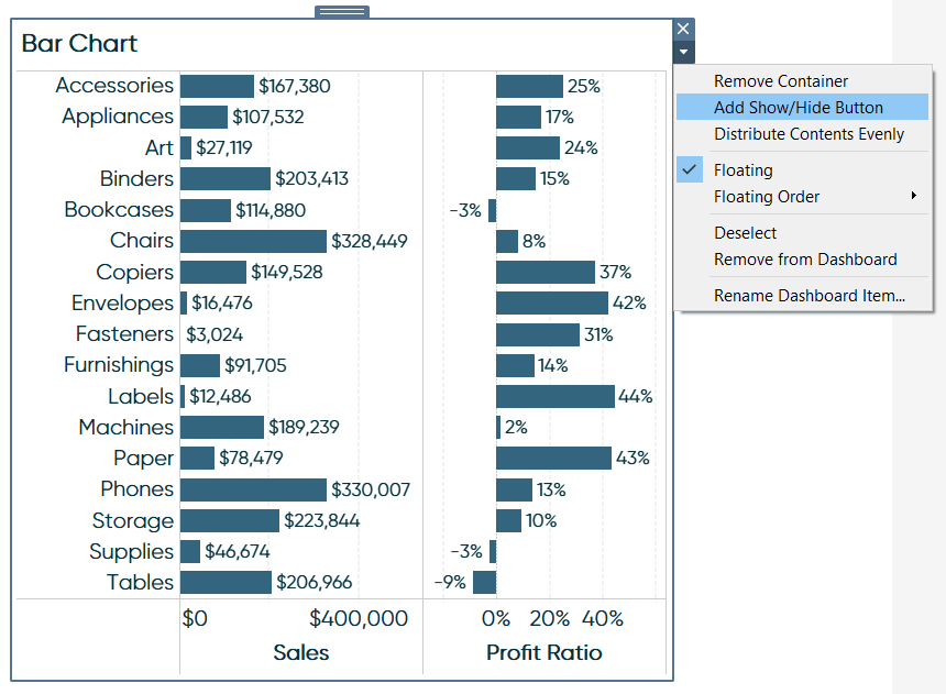 Add a show/hide button to a bar chart for sheet swapping in Tableau