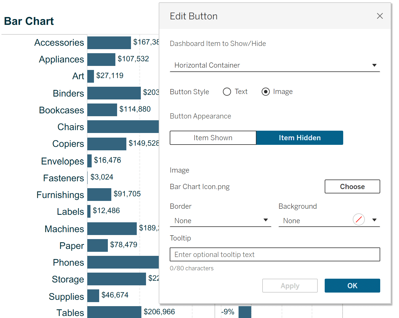 Show Hide Button Settings in Tableau Item Hidden