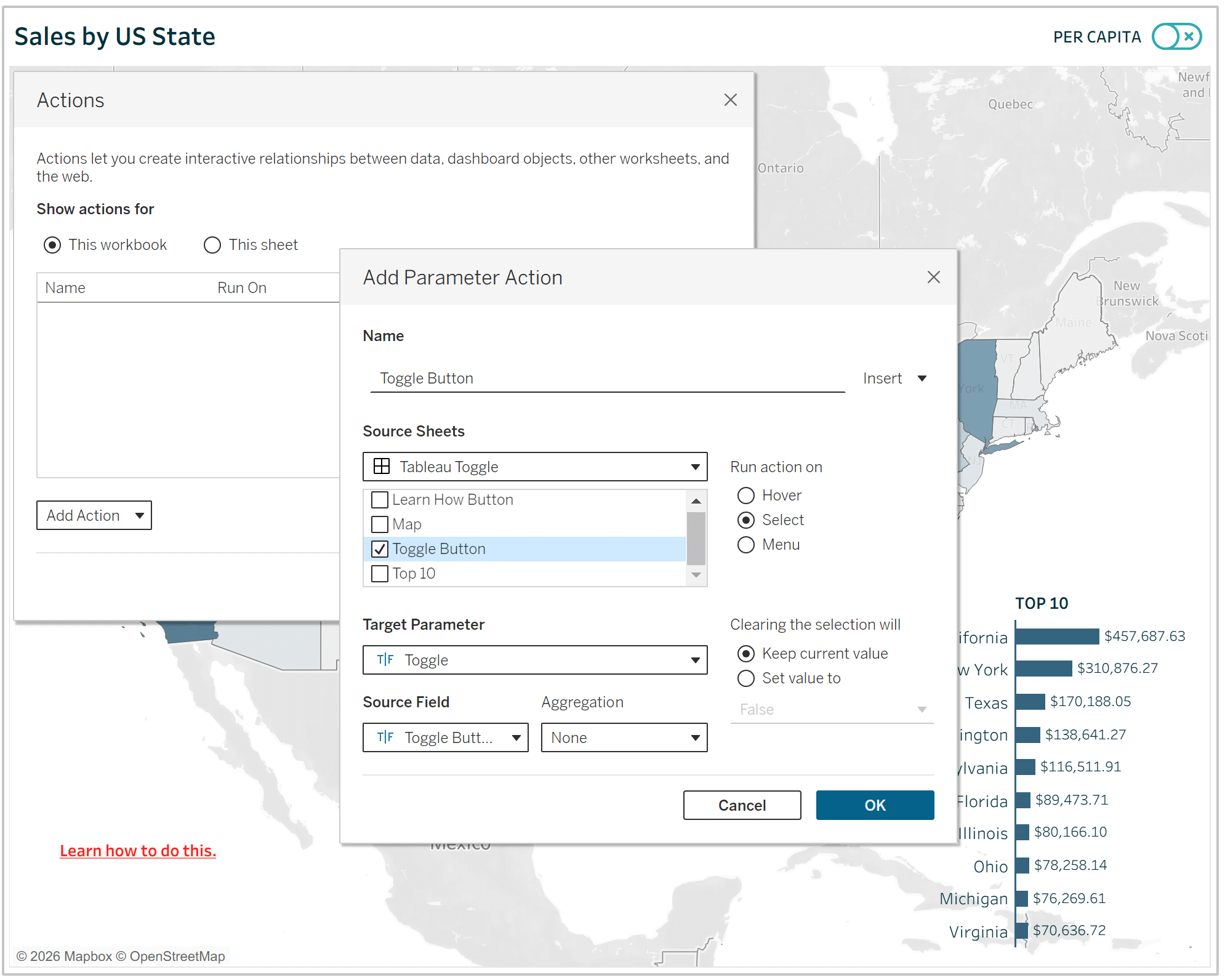 Adding a Parameter Action for a Boolean Toggle Button to a Tableau Dashboard
