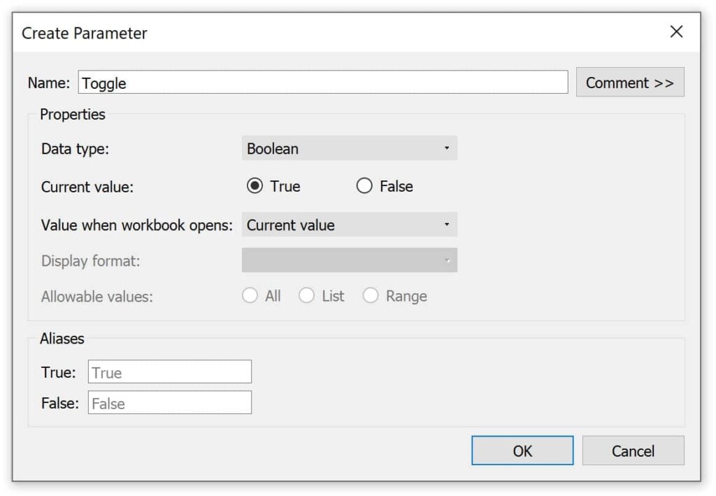 Create the button toggle parameter in Tableau