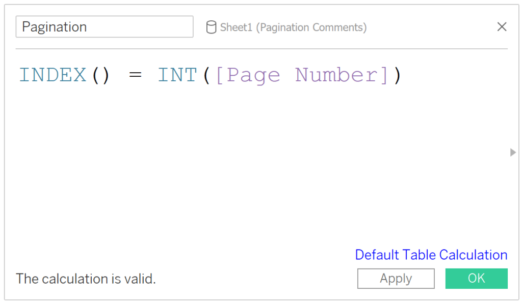 Pagination Tableau Calculated Field