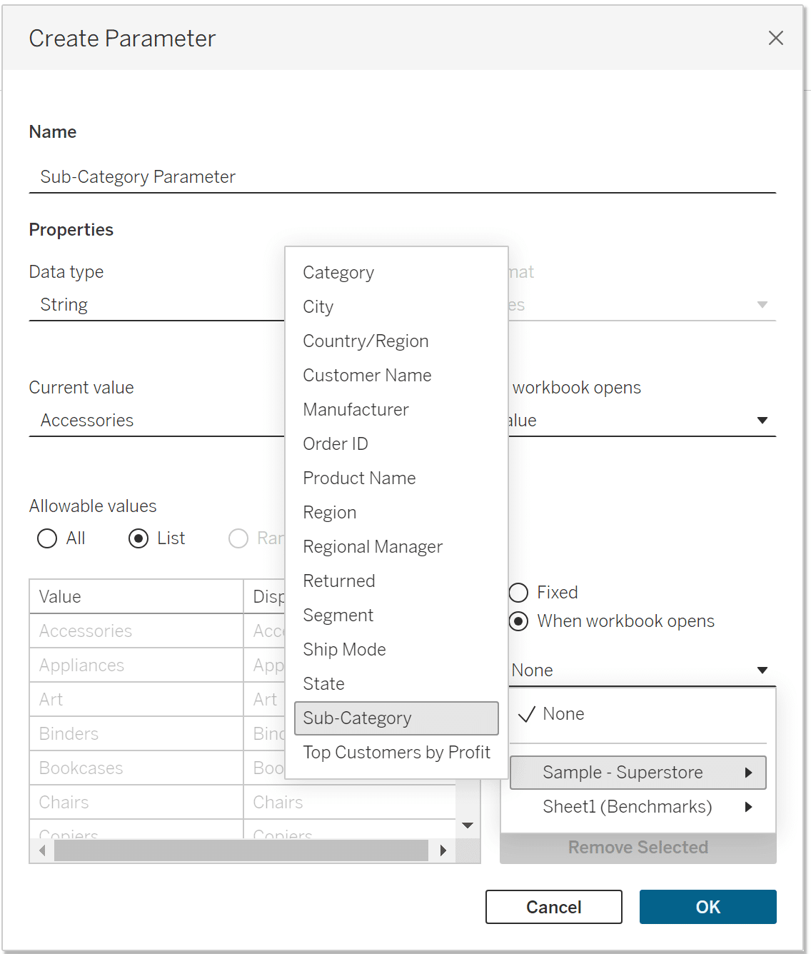Sub-Category Parameter when workbook opens toggle