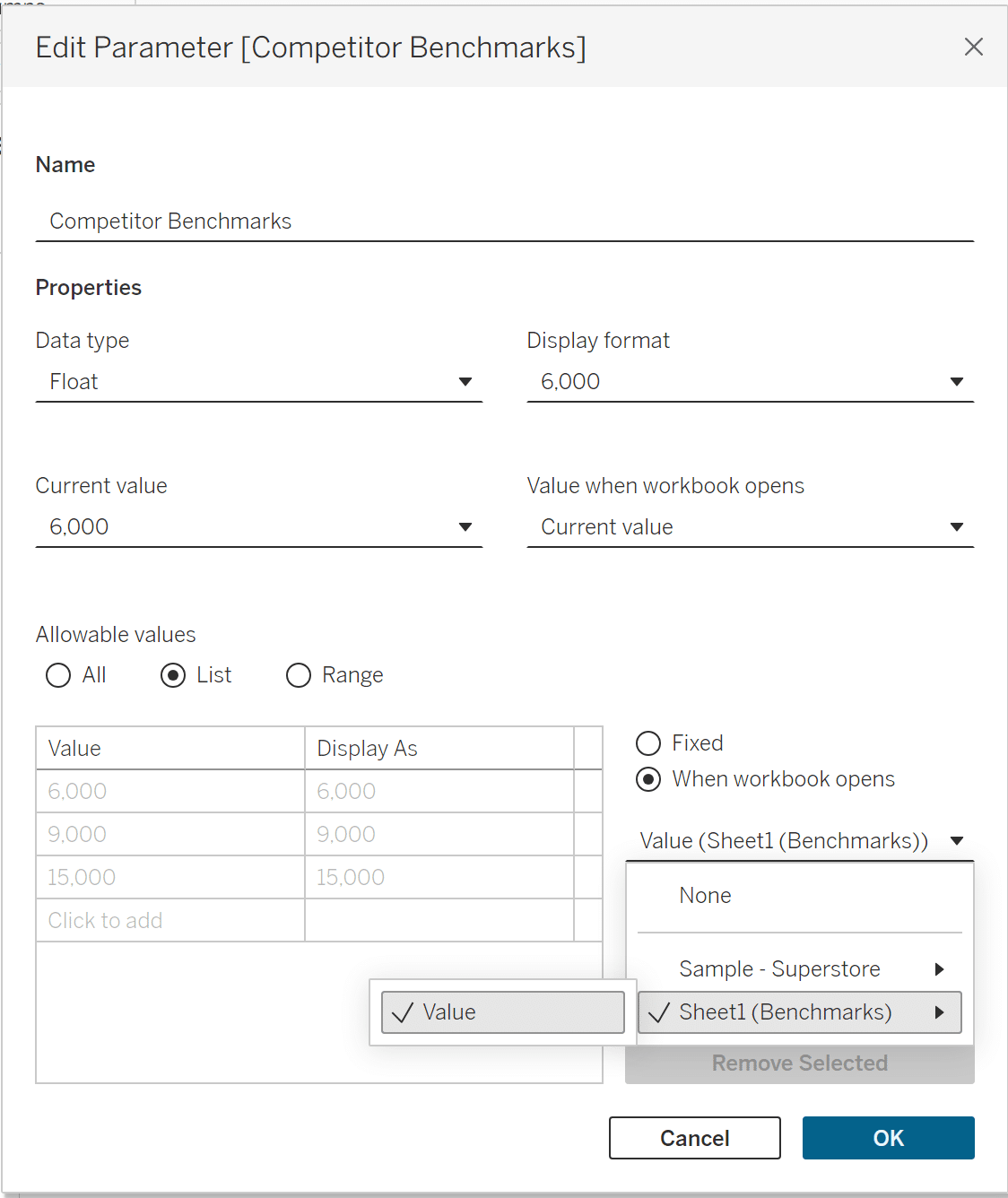 Benchmark Parameter in Tableau using Value