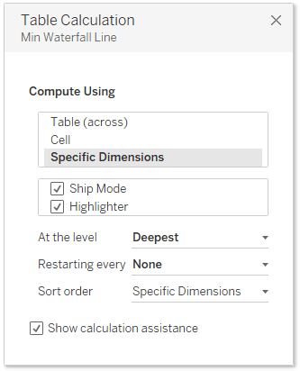 Adjust the Min Waterfall Line table calculation settings