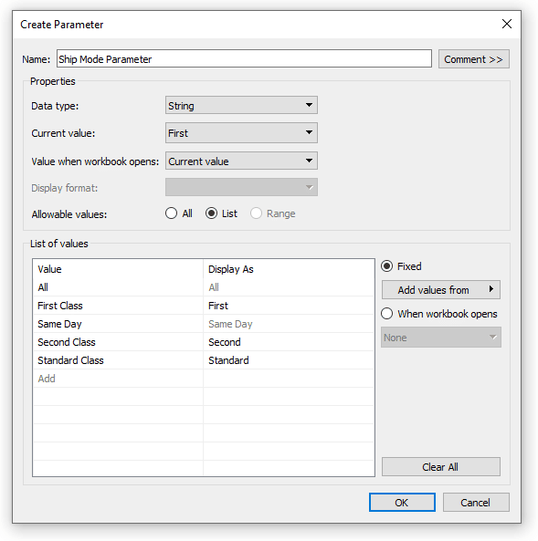 Create a Ship Mode parameter