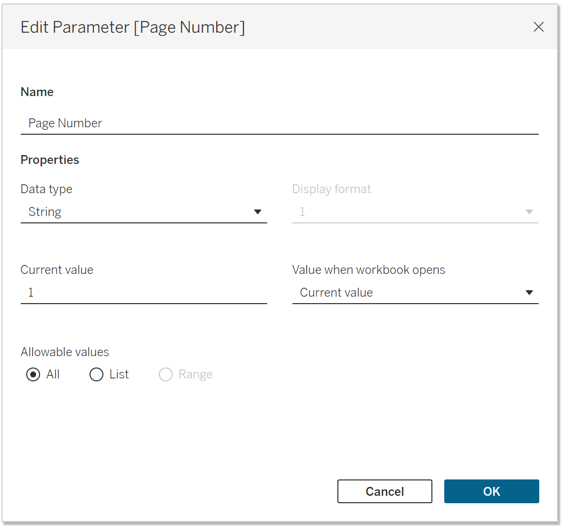 Page Number Parameter for Pagination in Tableau