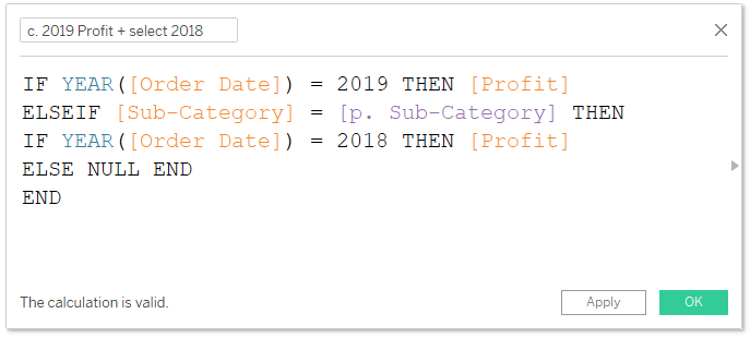 2019 Profit + Select 2018 calculation