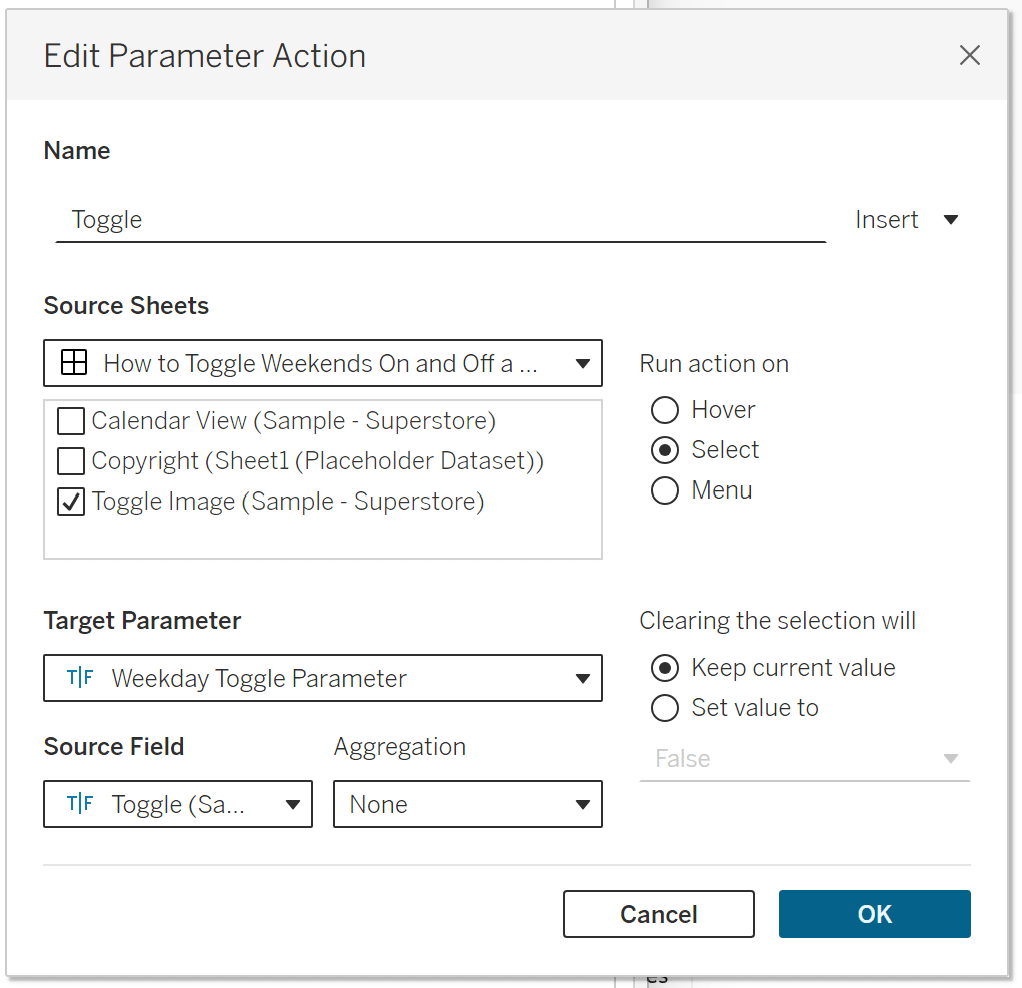 weekday toggle parameter action