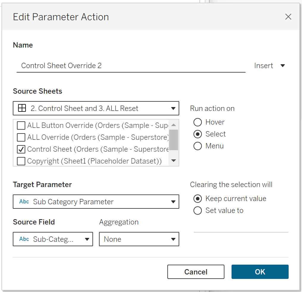 Control Sheet Parameter Action