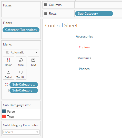 Create a control sheet to select values for the Set