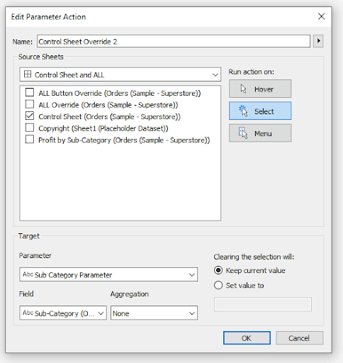 Create a Control Sheet parameter action