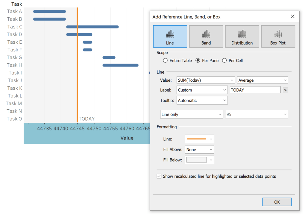 Adding Reference Line for Today on Tableau Gantt Chart