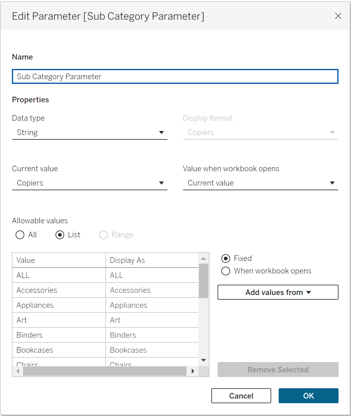 sub-category parameter with All