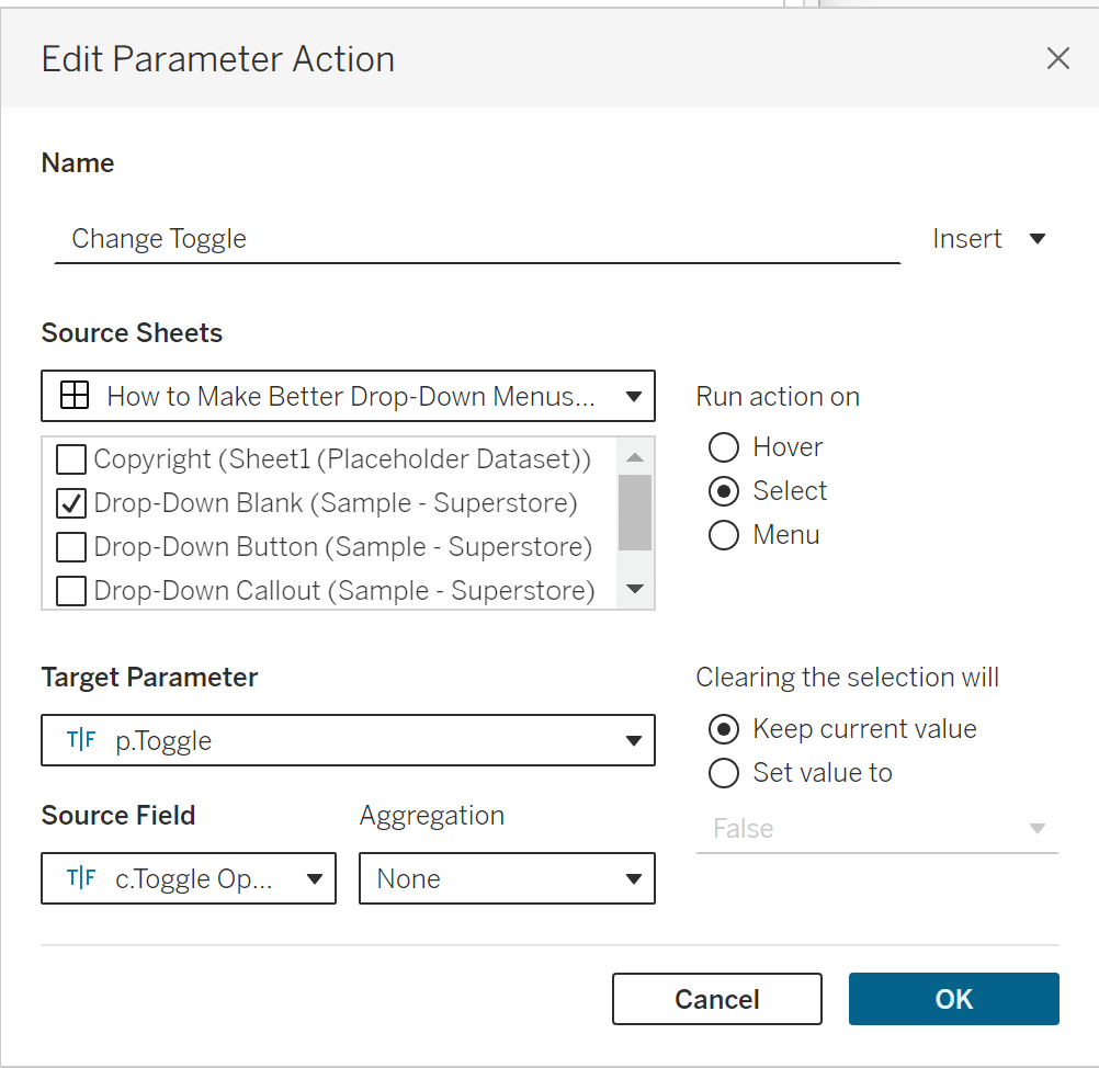Parameter Action Change Toggle